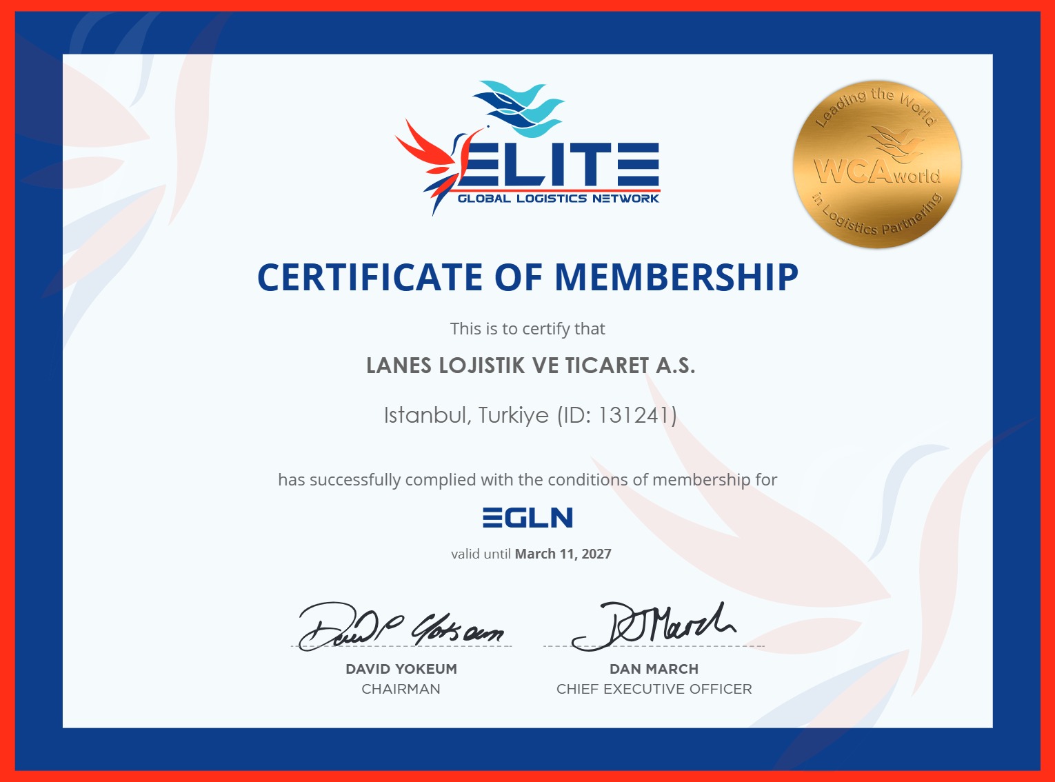 Lanes Lojistik EGLN Üyelik Sertifikası