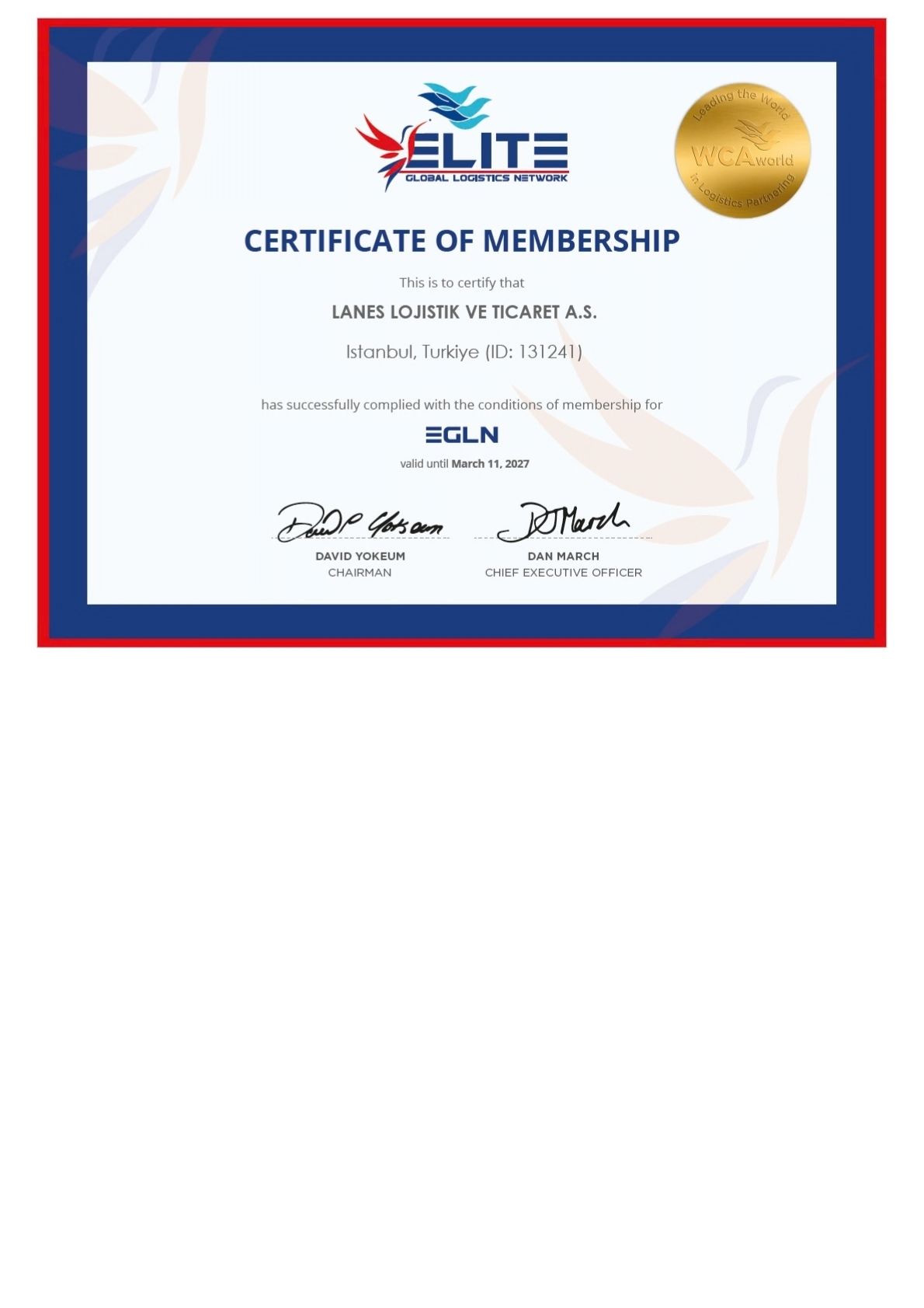 Lanes Lojistik EGLN üyelik sertifikası